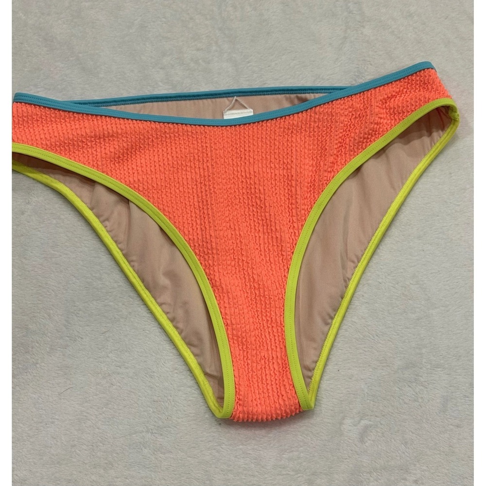 Cupshe Neon Orange Smocked Colorblock Bikini Bottom Teal Yellow Trim Large